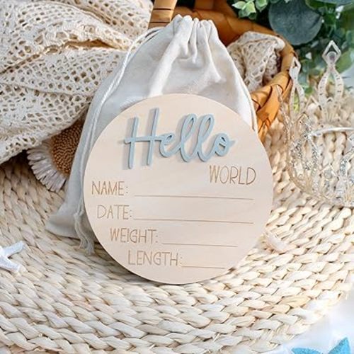 Ylsteed Baby Announcement Signs Baby Milestone Cards Wooden Newborn Photography Props Newborn Baby Birth Announcement Sign Hello World Newborn Sign Baby Shower for Boys and Girls 6 Inch-Grey