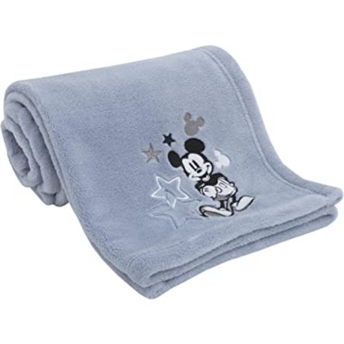 Disney Mickey Mouse - Timeless Mickey Baby Blue Super Soft Coral Fleece Baby Star Blanket, Light Blue, Black, White