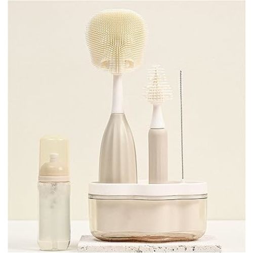 Baby Bottle Brush Kit with Push-Press Bubble and Drying Rack for Bottle Cleaning, Bendable Bottle Cleaner Brush for Baby Bottles, Breast Pumps, Nipples, Straws and More. Perfect for Home&Travel