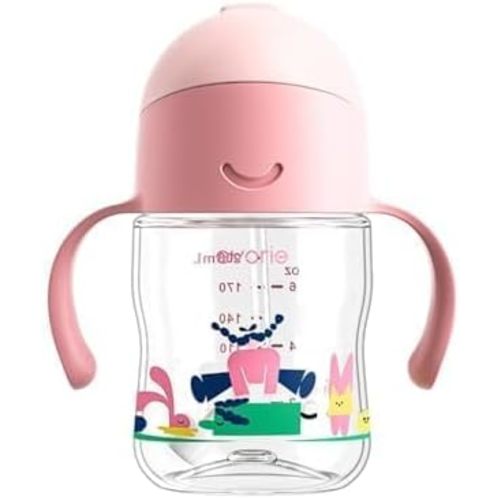Evorie Tritan Weighted Straw Sippy Cup with Handles for Baby and Toddlers 6 months up, 7 Oz Soft Silicone Straw Infant First Training Water Bottle (Pink Fairy tale)