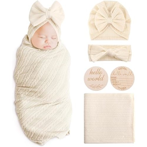Newborn Receiving Blanket Wheat-Pattern Baby Girl Swaddles Wraps with Bow Hat Headband Wooden Card for Newborns Toddler Gift Baby Essentials