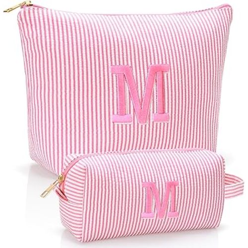 Personalized Initial Makeup Bag,Toiletry Travel Cosmetic Bag,Trendy Stuff for Teen Girls and Women,Holiday & Birthday Gift,2 Pack (M, Pink)