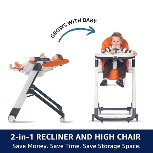 Peg Perego Siesta, Grow With Baby Folding High Chair & Recliner, Height Adjustable, Quick Clean & Easy Push Wheels For Babies & Toddlers, Made in Italy, Ice (Grey)