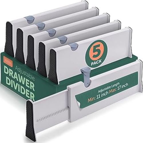 Adjustable Tall Drawer Dividers, [5 Pack] Adjusting Length from 11 Inch - 17 Inch, Drawer Organizers for Clothes, Locks in Place, Use for Bedroom, Bathroom, Kitchen & Office Organization and Storage.