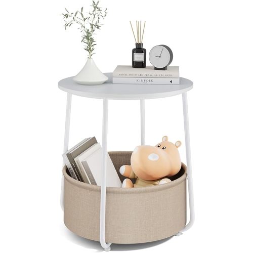 DUMOS Small Round Side End Table, Modern Nightstand with Fabric Storage Basket, Bedside Table for Living Room Bedroom (White & Beige
