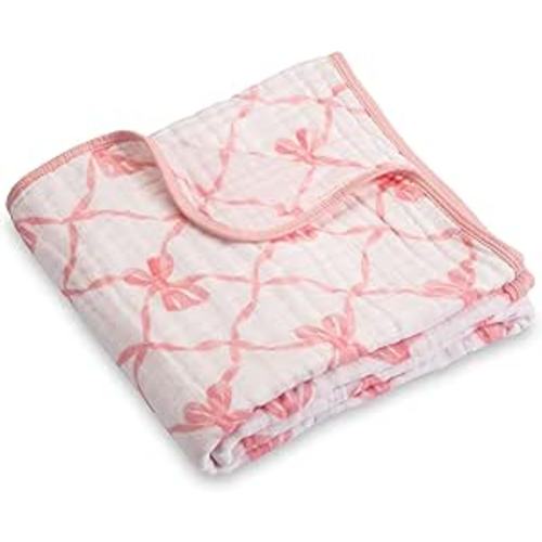 LollyBanks Muslin Baby Blanket 100% Cotton, Muslin Quilt Lightweight, Muslin Blanket for Girls, 6 Layers Baby Blankets 47"x 47", Soft Nursery Receiving Blankets Baby Essentials (Pink Bow Print)