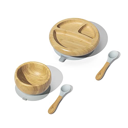 Avanchy Bamboo Baby Plate, Bowl & Spoons Set - Baby Cutlery - Bamboo Kids Bowl - BPA Free Bowl - Bamboo Kids Utensils - Bamboo Kids Bowl (Gray Essentials)