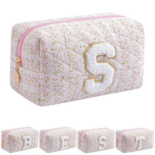 JOVAKIT Alphabet Makeup Bag Cosmetic Bag for Women, Christmas Gifts for Girls Age 6-18, Floral Flowers Coquette Travel Toiletry Zipper Make Up Pouch Organizer Trendy Stuff (Pink Floral S)