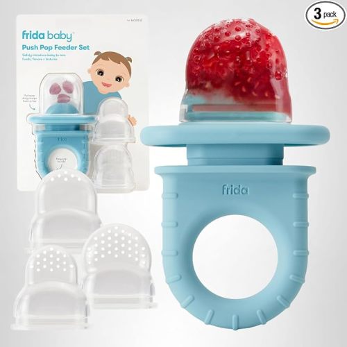 Frida Baby Push Pop Feeder, Baby Fruit Food Feeder to Safely Introduce New Foods, Fresh + Frozen, Silicone, BPA Free, Dishwasher Safe | 3 Count, Blue