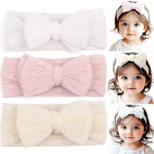 BIANHUAN Handmade Baby Headbands Soft Stretchy Nylon Hair Bands with Bows for Toddler Child Girls- Pack of 3 (Set-A, 3 Count (Pack of 1))