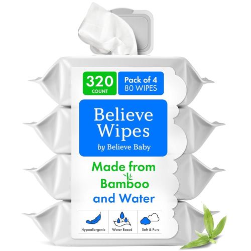 Believe Viscose Bamboo Baby Wipes 80pc x 4 Packs (320ct), Multi-Use Water Based Wipes Baby Sensitive Skin, Hypoallergenic and Fragrance Free for Babies – Gentle Plant-Based Viscose Bamboo Wet Wipe