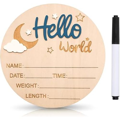 Baby Announcement Sign, 5.9 Inch Wooden Hello World Newborn Signs, Birth Announcement Sign and Pen, Moon and White Cloud Decoration, Welcome Newborn Arrival to World, Hospital Nursery for baby (Dark Blue)