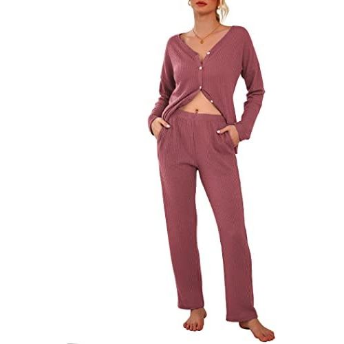 Ekouaer Womens Waffle Knit Pajamas Loungewear Two-piece Sleepwear Button-Down Pj Set with Pockets