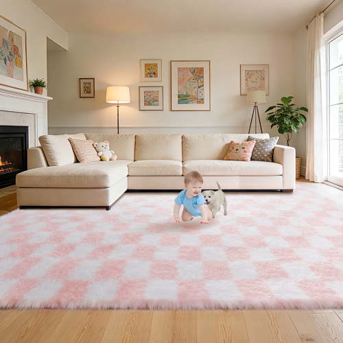 CozyDesg Shag Area Rugs,5'x8' Soft Fluffy Floor Rugs Checkered Carpet，Washable Area Rugs for Living Room Bedroom Decor,Pink & White