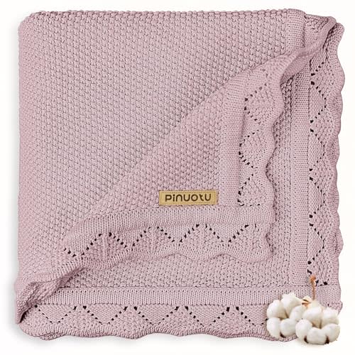 Pinuotu Knitted Baby Blanket for Boys & Girls, 100% Cotton Receiving Swaddle Crib & Stroller Blanket for Newborns, Infants, Toddlers, Dusty Rose, 40 x 31 Inches