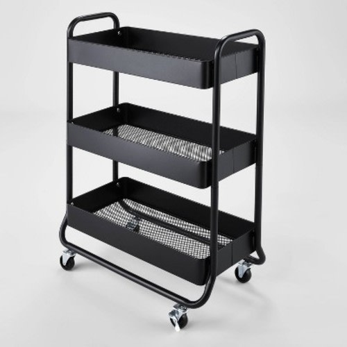 Wide Metal Utility Cart Black - Brightroom™: Rolling Storage Cart with Casters, Fixed Shelves, Universal Storage