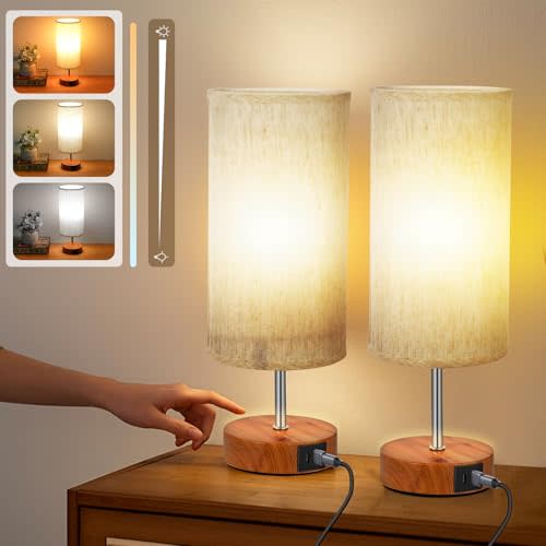 Dimmable Touch Lamps Set of 2, Small Stepless Dimming Table Lamps with 3 Color Temperature for Nightstand, Bedside Lamps with USB A + C Ports for Living Room Bedroom, Gifts for Girl Mom, Beige