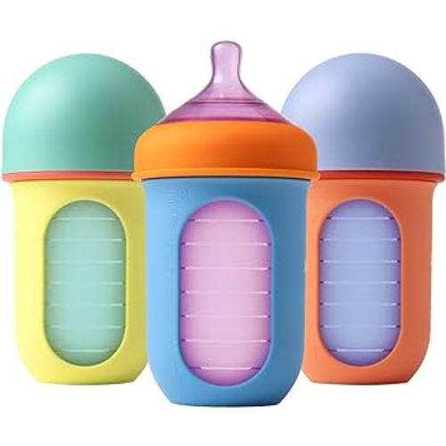 Boon Nursh Reusable Baby Bottle with Collapsible Silicone Pouch Design - Everyday Baby Essentials - Stage 2 Medium Flow Baby Bottles - Color Block - 8 Oz