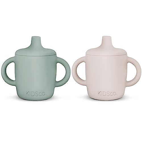 KIDSco. Silicone Sippy Cup and Training Cup for Baby 6 months+ Soft Spout and Handles Unbreakable Easy Grip for Babies 6-12 months and Toddlers 1-3 years 5oz/150ml (2-pack Sandy Shore and Green)