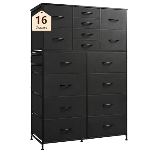 WLIVE Large Black Dresser for Bedroom, Tall Dresser Storage Tower with 16 Drawers, Fabric Chest of Drawers Organizer Unit, Storage Cabinet, Hallway, Closets, Steel Frame, Charcoal Black