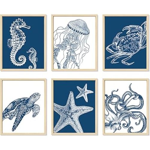 Whaline 6Pcs Under The Sea Wall Art Prints Paper Posters Blue Ocean Animal Painting Pictures for Summer Home Office Classroom Gallery Party Decor, 11 x 14 Inch, Unframed
