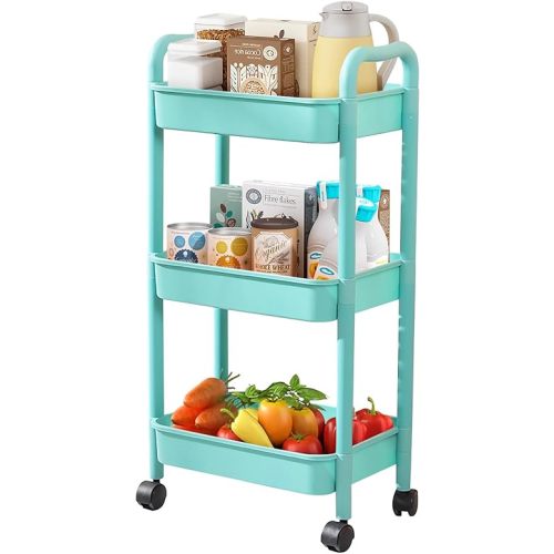 3 Tier Utility Rolling Cart with Handle, Multifunctional Storage Organizer Rolling Carts with Wheels for Bathroom Office Living Room (Green)