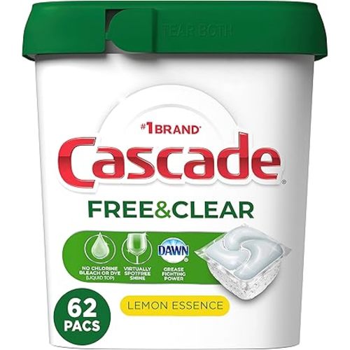Cascade Free & Clear ActionPacs, Dishwasher Detergent, Lemon Essence, Dishwasher Soap, Dishwasher Pods, 62 Count
