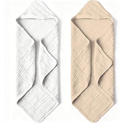 Muslin Hooded Baby Bath Towels - 2 Pack 100% Organic Cotton Towel for Babies, Infants, Toddlers - 32x32Inch - Highly Absorbent and Newborn Essential(Brown Grey)