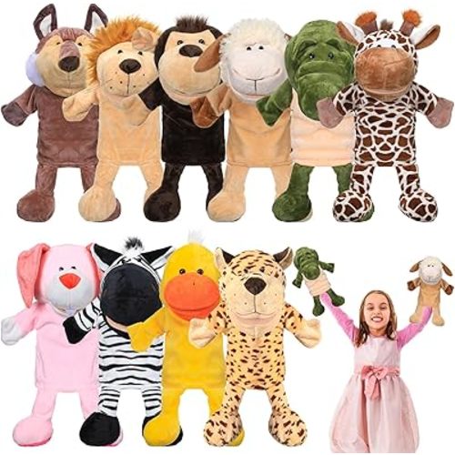 Wettarn 10 Pcs Animal Hand Puppets 12 Inch Soft Plush Plush Puppets Lion Orangutan Giraffe Tiger Pig Elephant Hand Puppets for Boys and Girls Storytelling, Teaching, Role Playing(Funny Style)