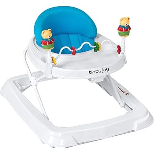 BABY JOY Baby Walker, Foldable Activity Walker Helper with Adjustable Height, Baby Activity Walker with High Back Padded Seat & Bear Toys (Blue)