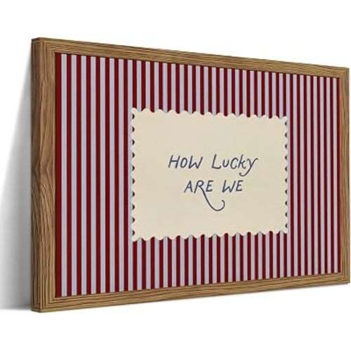 How Lucky Are We Wall Art, Vintage Red and Blue Striped Canvas Wall Decor Painting, Funky Preppy Inspirational Quotes Poster Print Picture for Bedroom Dorm Apartment Decor 12x16 Inch Framed