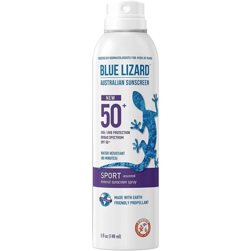 BLUE LIZARD Sport Mineral Sunscreen Spray SPF 50+, Dermatologist-Recommended Brand, Broad-Spectrum UVA/UVB Protection, Water-Resistant, Zinc Oxide Formula, Vegan, 5 fl oz