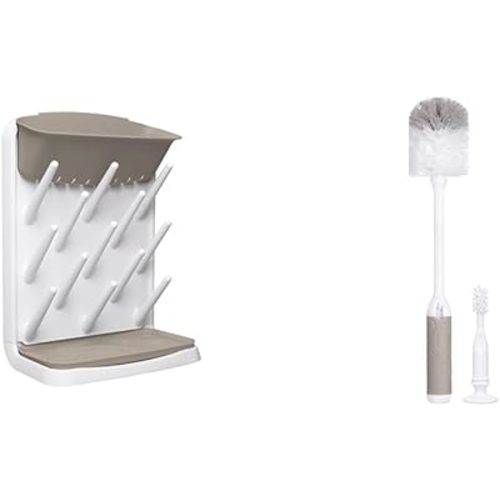 Ubbi 13-Peg Baby Bottle Drying Rack and Bottle Brush Set with Nipple Brush, Taupe