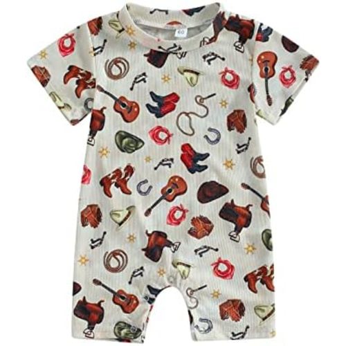 Gueuusu Country Baby Clothes Boy Girl Western Cow Print Short Sleeve Romper Bodysuit Ribbed One Piece Jumpsuit Summer Outfit