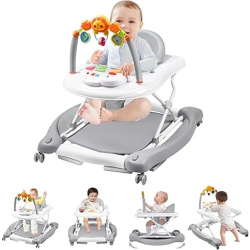 Baby Walker with Wheels, 5 in 1 Baby Walkers for Boys Girls 6-12 Months, Foldable Walker Baby with Bouncer & Feeding Tray, Music, Adjustable Heights