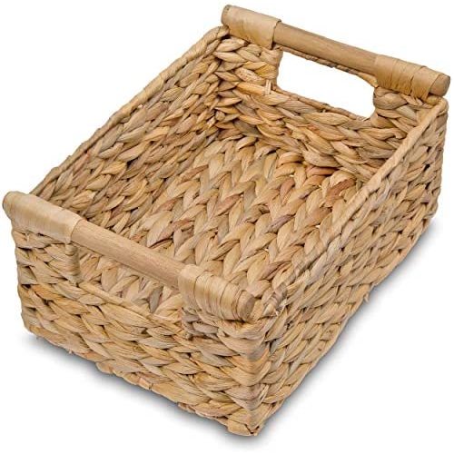 Small Wicker Baskets for Organizing Bathroom, Hyacinth Baskets for Storage, Wicker Storage Basket with Wooden Handle, Decorative Wicker Small Basket 11.6 x 8.1x 4.9 inches