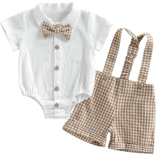 Newborn Baby Boy Gentleman Outfit Summer Short Sleeve Button Up Bowtie Dress Shirt Romper Plaid Suspender Shorts Set