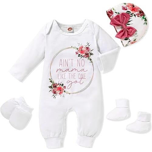 Sinhoon Newborn Baby Girl Romper Infant Letter Print Bodysuit Jumpsuit+Hat+Gloves+Socks 4Pcs Coming Home Clothes Outfit