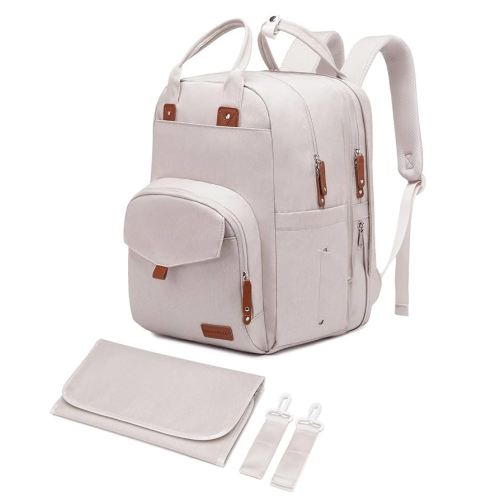 Large Diaper Bag Backpack for Two Kids Twins - Expandable Baby Bag (26-36L), Dual Big Compartments - Includes Changing Pad & Stroller Straps, Unisex Beige