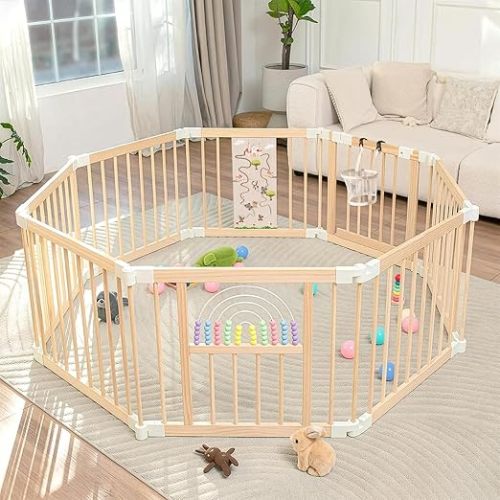 Adjustable Wooden Baby Playpen Area with Gate - (56x56x24inches)
