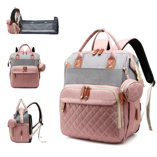 Diaper Bag with Changing Station, Waterproof 3 in 1 Baby Diaper Backpack with Foldable Changing Pad, Large Travel Back Pack for Girl Boy, Pink-Grey