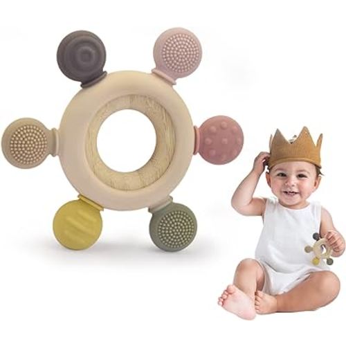 Baby Teething Toys Silicone Chewable Teethers BPA Free Silicone Rudder with Removable Wooden Ring for Soothing Babies Gums Teethers for Babies 0-24 Months (Beige,6 Directions)