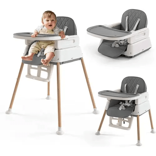 3-in-1 Convertible Baby High Chair with Adjustable Feeding Tray, 5 Point Harness, Footrest - Portable, Gray