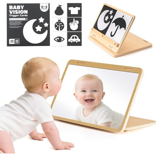 Tummy Time Mirror for Baby, Large Adjustable Floor Mirror with 20 Double-Sided High Contrast Black and White Cards, Montessori Wooden Toy for Newborns and Infants