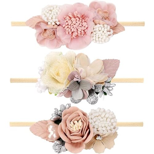VOBOBE Baby Girl Nylon Headbands Infant Flower Elastic Hair Band Bows Wraps For Newborn Toddler Hair Accessories Pack of 3 (A-Blue)