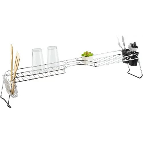 Home Basics Over Sink Shelf, (Chrome) Steel Over The Kitchen Sink Organizer for Soap, Sponges, Scrubbers, and More | with Cutlery Holder