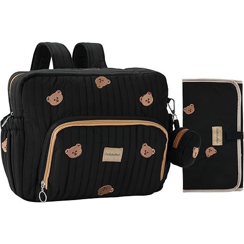 Diaper Bag Backpack, Medium Maternity baby bag & Changing Pad, Insulated Pockets, Stroller Straps & Pacifier Case (Medium - Black Bears)