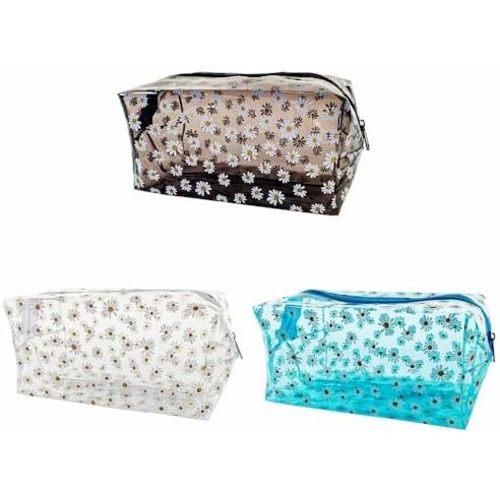 TotePrint 3 Sets Black White Sky Blue Waterproof Portable Daisy Makeup Bag Clear Pouch for Travel,Clear Solid Makeup Bags with Zipper for Purse,Cosmetic Brush Bag,Pen Pouch