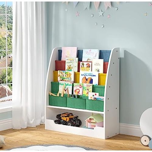 SEIRIONE Kids Colorful Bookshelf,2 in 1 Design, 4 Sling Children's Bookcase Display Stand, 1 Toy Storage Cabinet Organizer, White