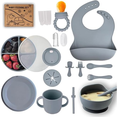 Silicone Baby Feeding Set -16 piece baby led weaning supplies with Suction plates for toddlers, bowls, Baby Utensils, Snack Cup, Sippy Cups, Toddler Utensils items Gray 6+ Months essentials must have
